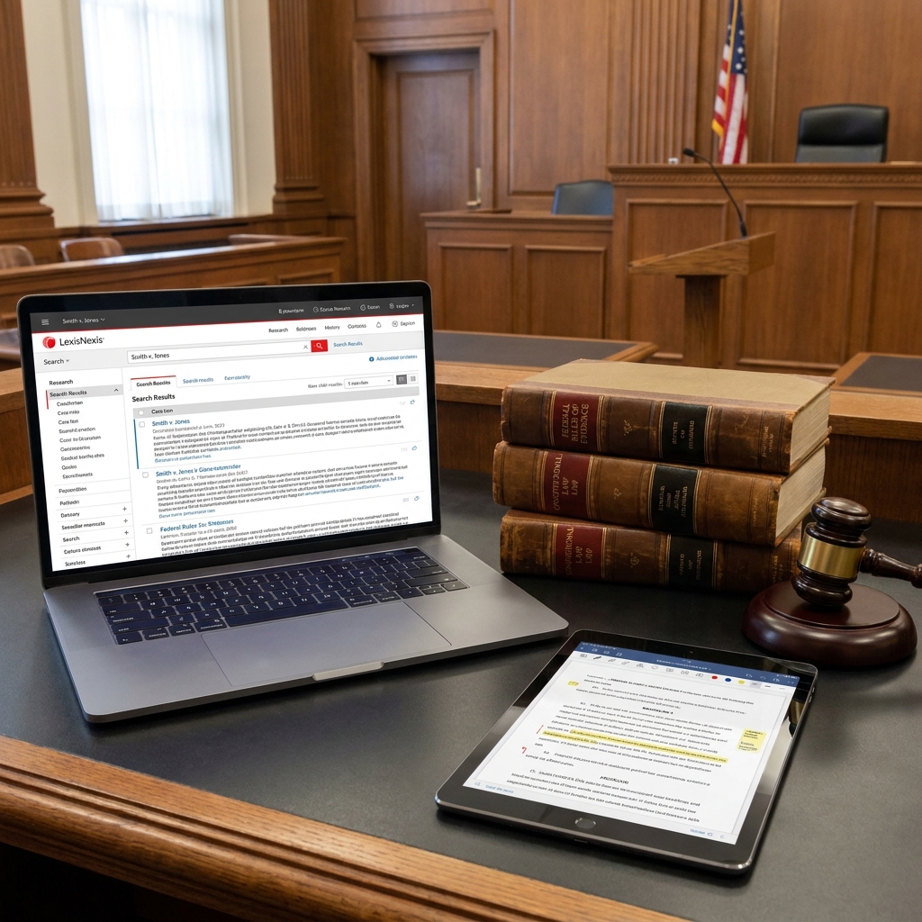 Judge's bench with laptop displaying legal research interface, law books alongside digital tablet, professional courtroom technology scene