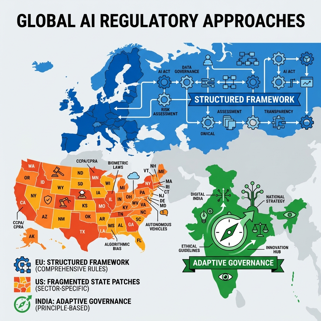 World map showing different AI regulatory approaches - EU with structured framework, US with fragmented state patches, India with adaptive governance symbols
