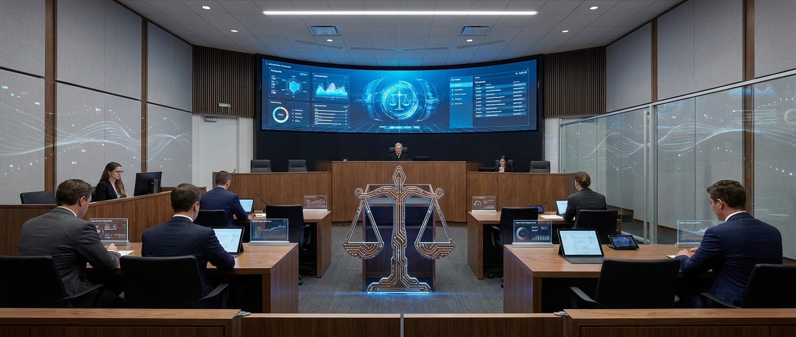 A modern courtroom with digital screens and AI visualization elements, scales of justice integrated with circuit board patterns, professional legal setting with subtle technological overlay