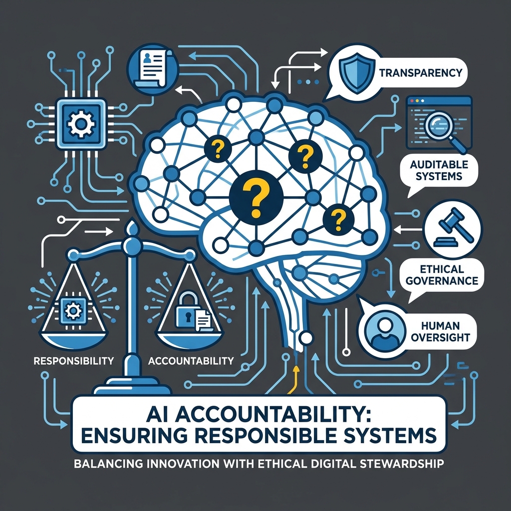 Abstract visualization of AI accountability - neural network with question marks, scales of justice surrounded by digital connections, concept of responsibility in AI systems