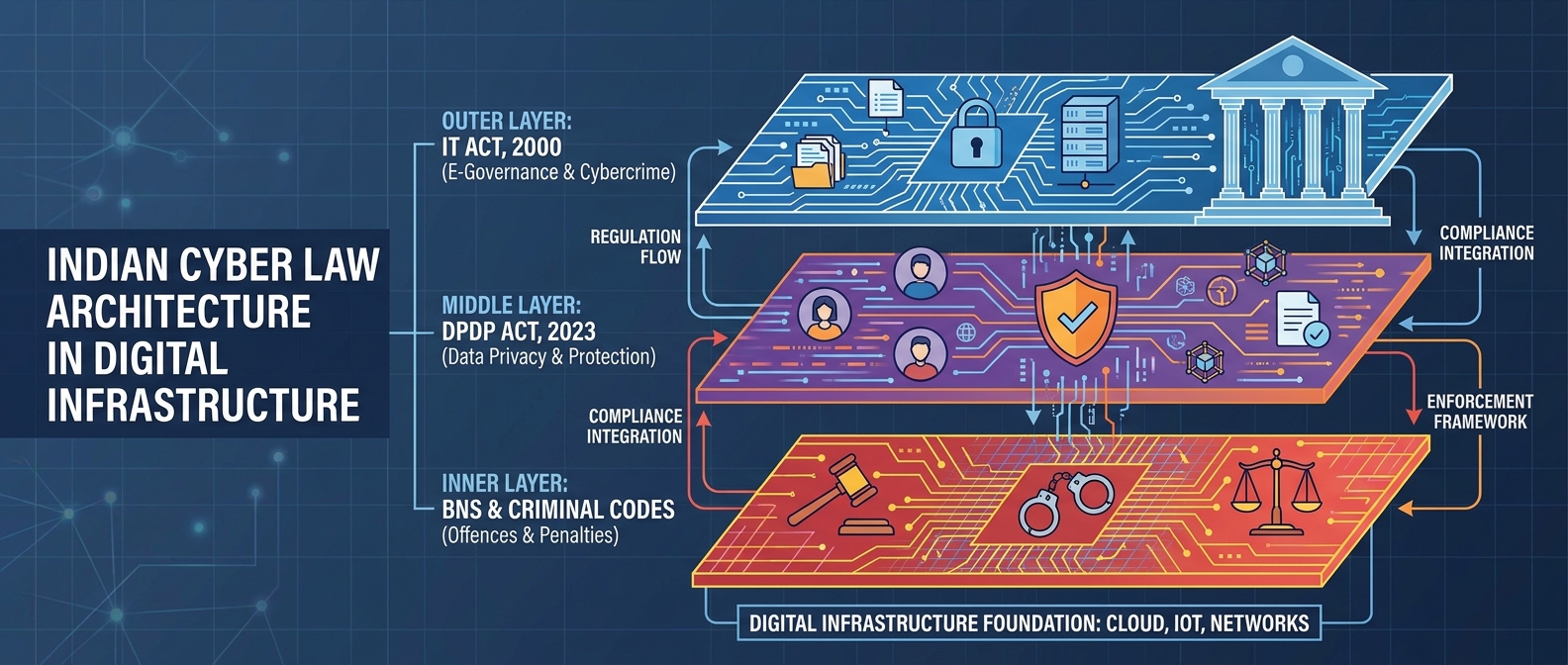 Abstract visualization of layered legal architecture with three concentric forms representing Indian cyber law embedded within digital infrastructure